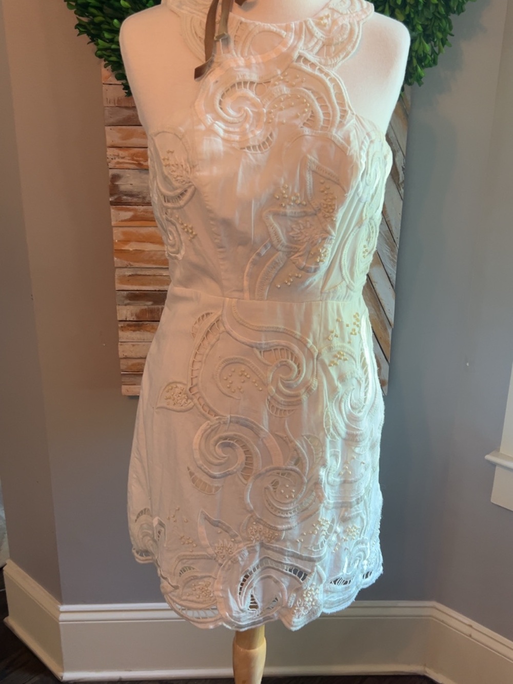 Anthropologie Ivory Embroidered Halter Mini Dress